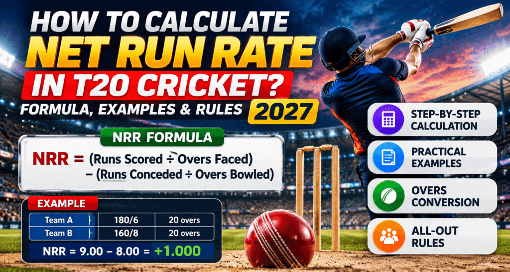 How to Calculate Net Run Rate in T20 Cricket? Formula, Examples & Rules (2027)